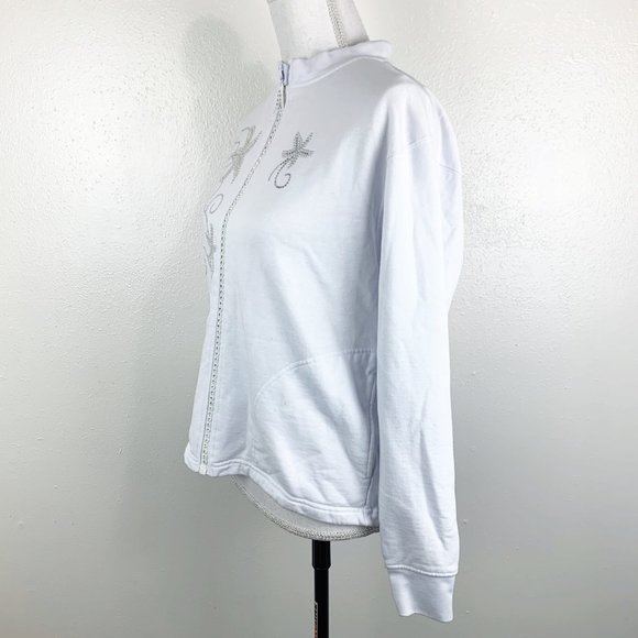 Tia Sweater Women Medium White Zip Up Sparkly Embellished Starfish Vintage - Picture 2 of 13